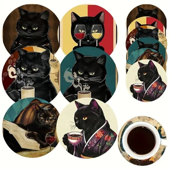 6pc Coffee Black Cat Design Wooden Coasters - Picture 4 of 4